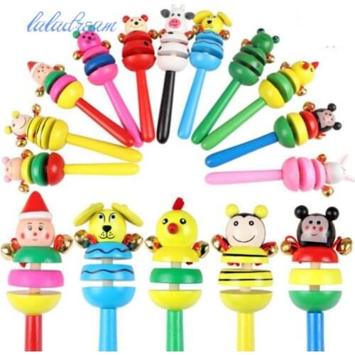 1pc Wooden Toys Cartoon Animals Pattern Handbell Baby Items Baby Rattles Jingle Bells Kids Music Hand Grasping Toy