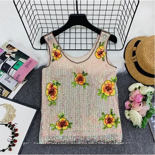 3D flower women sequined tanks tops woman bead work flower tanks