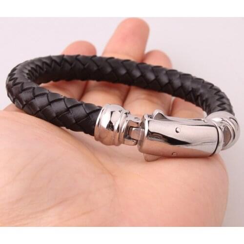9.4mm Fashion Silver Color Clasp Black Wristband Braided Leather Men Boys Stainless Steel Bangle Bracelet Friend Gift 9"(23cm)