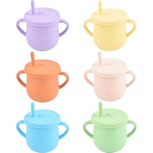 Food-grade Childrens Straw Cups With Handle Silicone Water Cup Straw Anti-fall Water Cup Baby Binaural Silicone Cups
