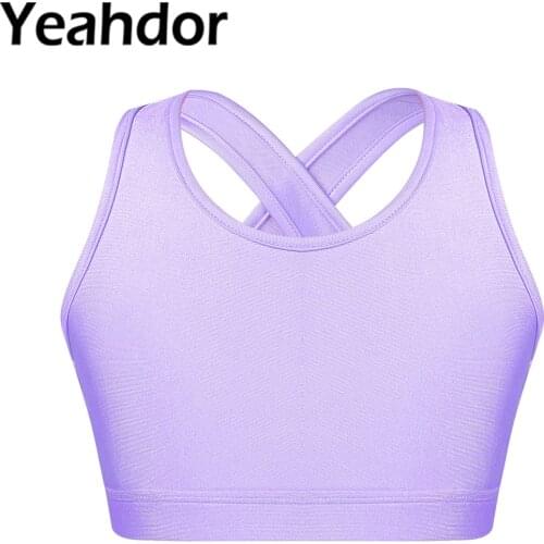 Kids Girls Yoga Fitness Sport Crop Tops Tanks U Neck Shoulder Straps Cross at Rear Sleeveless Keyhole Back Running Gym Bra Top