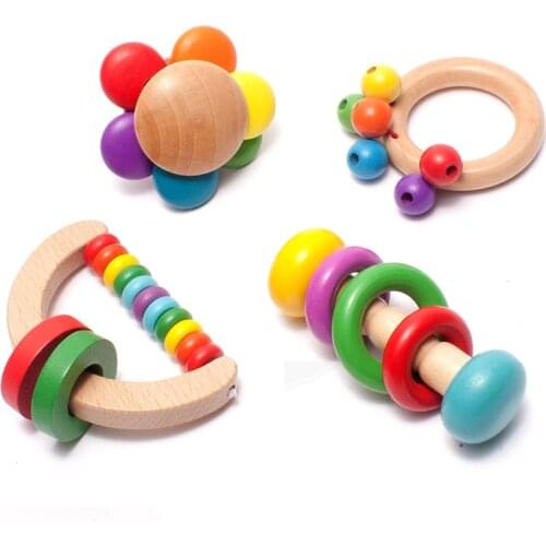 Baby Wooden Toy Rattles Bells Shaking Dumbells Early Development Toys Set 0-12 Months