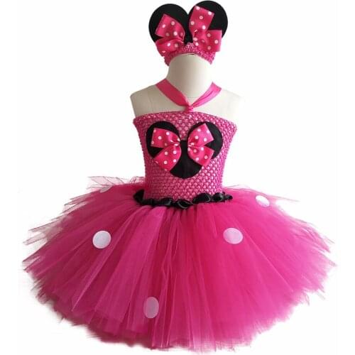 Baby Girls Birthday Party Dresses With Headband Satin Top Cartoon Mouse Pattern For Kids Tulle Costumes Clothing