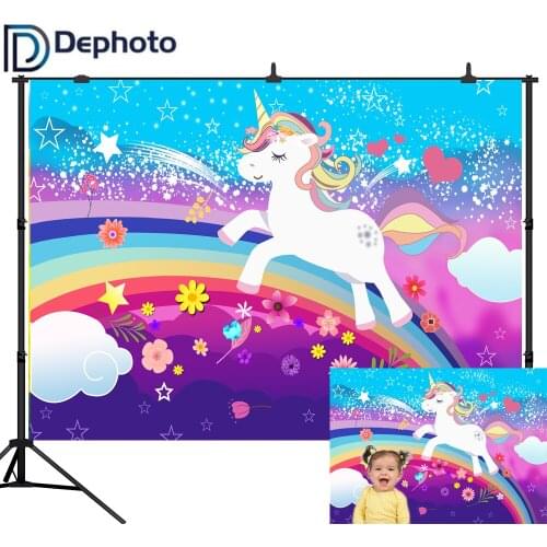 DePhoto Unicorn Birthday Party Photography Backdrops Newborn Baby Shower Photo Background Rainbow Flower Backdrop Photo Studio