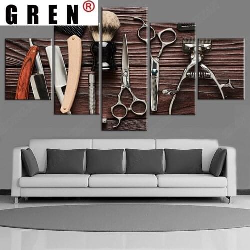 GREN Modern Nordic Style Hairdresser Barber Tools Patterned 5 Panels Canvas Poster Pictures Hair Shop Wall Art Decor Painting
