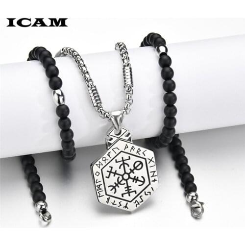 ICAM Viking Icelandic Vegvisir Helmet Horror In Runic Circle Pendant Magical Staves Compass Rune Amulet Collier Necklace
