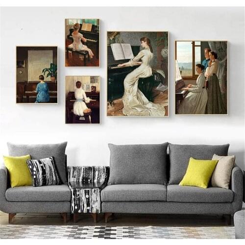 Classic Vintage Poster Canvas Painting Play Piano Girls Wall Art Print Abstract Painting Nordic Wall Pictures Living Room Decor