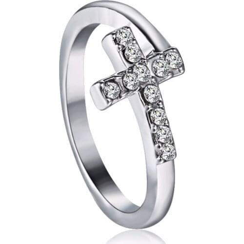 Rinhoo Stainless Steel Cross Weeding Ring For Lovers Silver Color Crystal Couple Ring For Men Women Engagement Wedding Rings