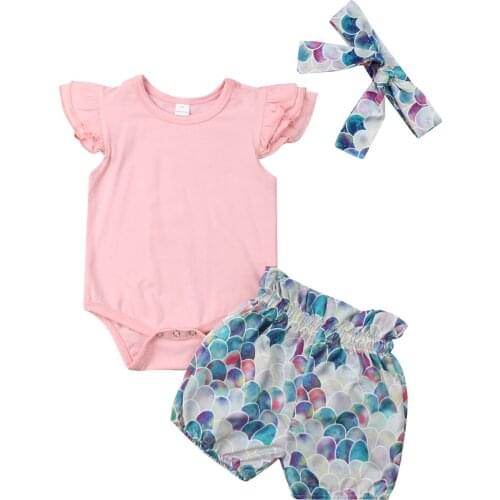 Newborn Baby Girl Mermaid Tops Romper Pants Shorts Headband 3pcsOutfit Sunsuit 0-24M