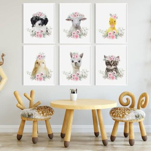 Farm Animal Prints Girl Nursery set 6 Floral Alpaca Sheep Cat Dog Duck Poster Nursery Wall Decoration Baby Shower Gift Pictures