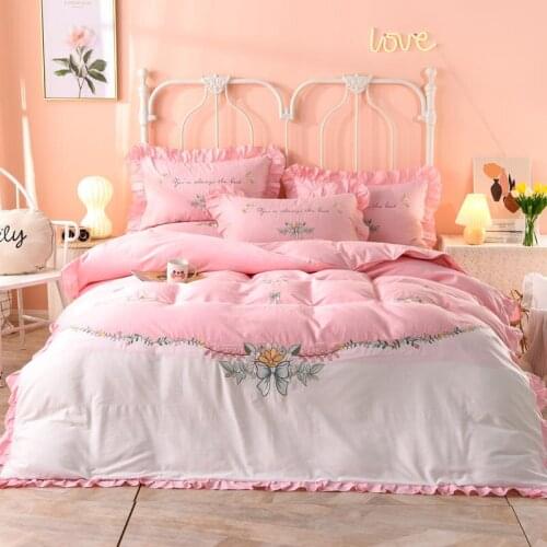 Iva Show Pink Long-staple Cotton Sanding Bedding Set Korean Version Embroidered Bed Set All cotton Pillowcase Queen/ King Size