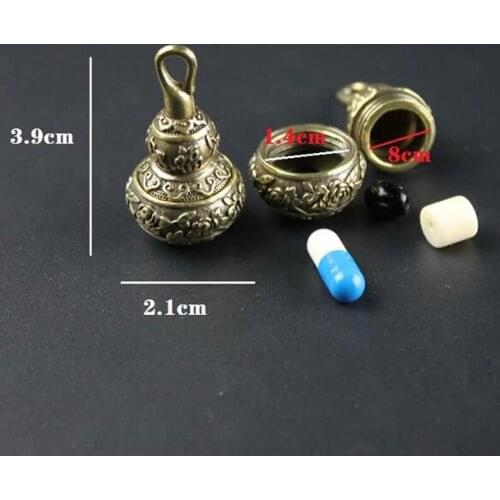 Brass Chinese Letters Blessing Lotus Gourd Charms Copper Lucky Car Key Chain Pendants Pill Box Medicine Case Container Bottle