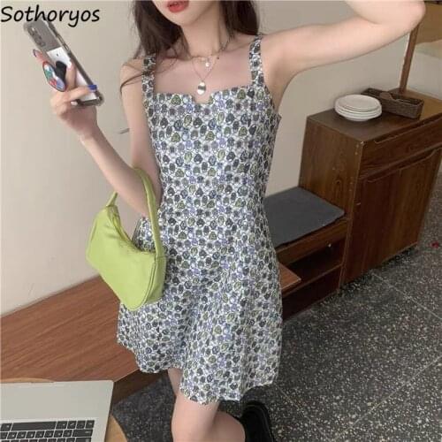 Sweet Printed Women Dress Backless Floral Spaghetti Strap Mini Dresses Slash Neck Preppy Style Temperament Chic Ladies Vestidos