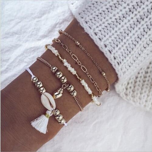 Bracelet set Anklet 5pcs/set bead chain bead strands tassel and sea snail shell charm gold color plated