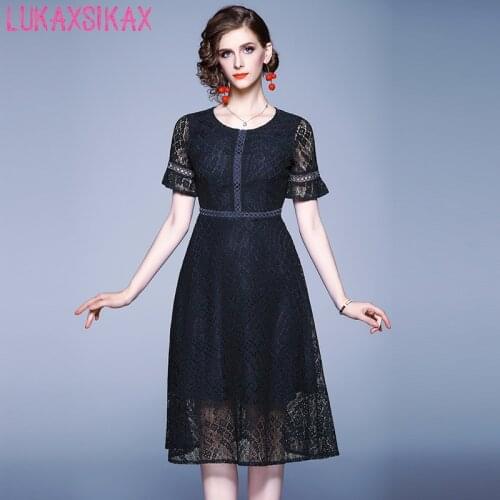 LUKAXSIKAX 2020 New Spring Summer Women Short Sleeve Dress High Quality Black Hollow Out Lace Runway Dress Elegant Slim Dress