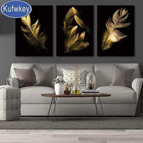 Nordic Abstract Feather Poster Black Background Gold Red Blue Gray Feather Diamond Painting 3 Pieces Wall Art for Home Decor