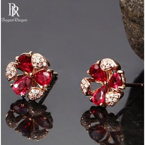 Bague Ringen Sweet Flower shaped Gemstone Earrings for Women Clover Silver 925 Jewelry with Ruby Rose Gold Color EarStuds Female