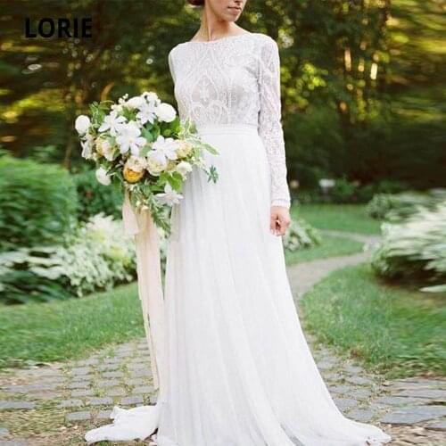 LORIE Bohemian Country Long Sleeves Wedding Dresses Boho 2019 O-neck A Line Lace Appliqued Chiffon Beach Bridal Gowns Cheap