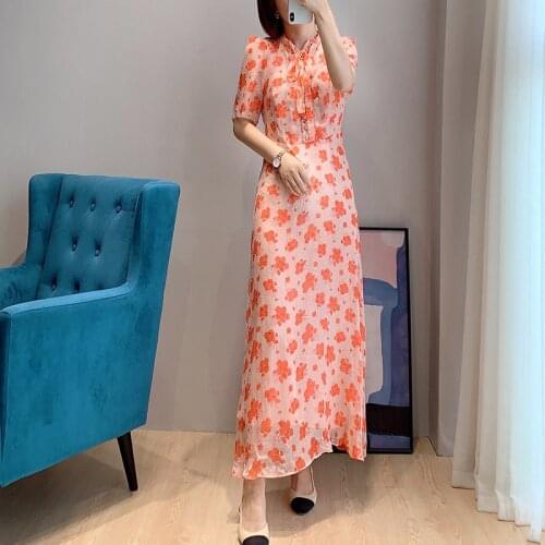 Gorgeous Thin Silk With Flocking Floral Print Midi Bow Dress UK 8-UK16