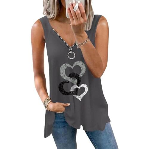 Heart Print Womens Casual Tank Top V Neck Zipper Loose Sleeveless Tops Summer Fashion Blouse Sexy Clothing Tops De Mujer D30