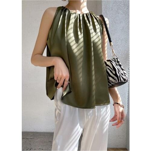 2021 summer new style sleeveless hanging neck silk satin womens suspender shirt design niche loose blouse womens outer wear