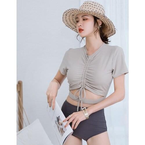 Korean Women Tankini Set Bikini Set Bow Lace Cute Two Pieces Girl High Waist Full Coverage Black Bathing Suit