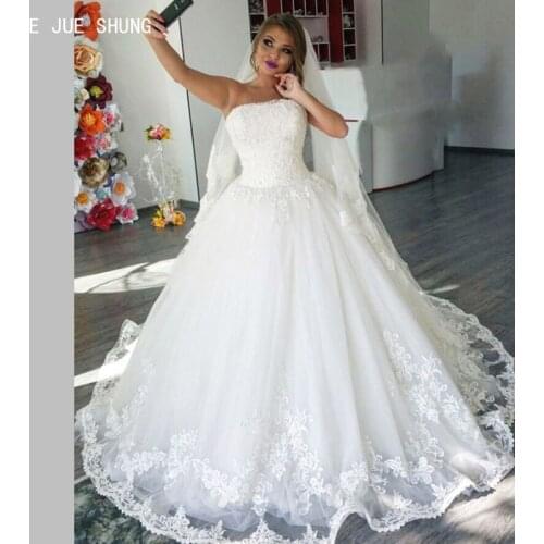 E JUE SHUNG White Strapless Princess Wedding Dresses Appliques Lace Up Back Wedding Gowns Dubai Bridal Gowns robe de soiree