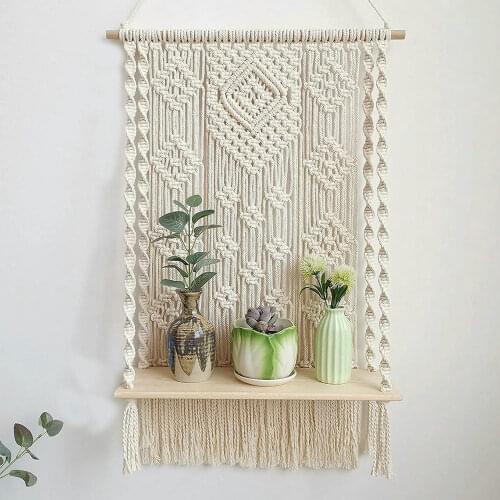 Home Decor Hand-woven Wall Hanging Tapestry with Flower Shelf Bohemian BOHO Background Blanket Wall Hanging Storage