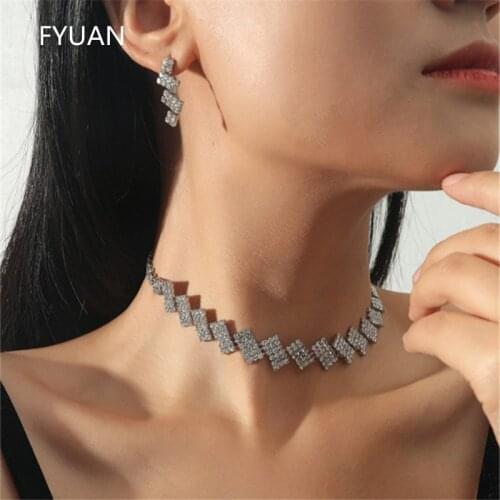 FYUAN New Style Simple Geometric Rhinestone Necklace Earrings For Women Wedding Bride Jewelry Sets Accessories