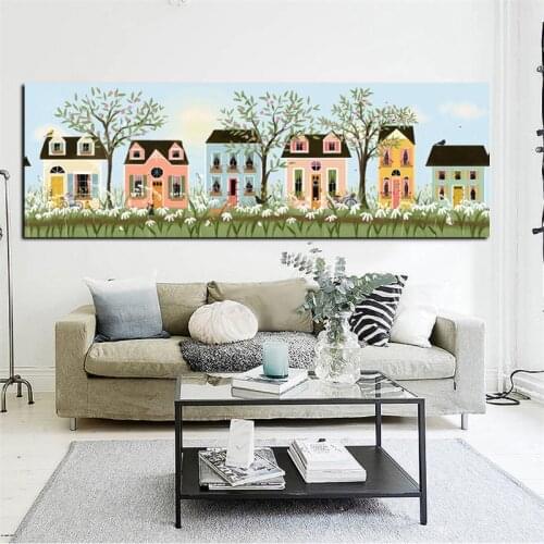 HD Print Abstract Yellow House Flowers Tree Pastoral Landscape Oil Painting on Canvas Modern Wall Picture Poster For Living Room