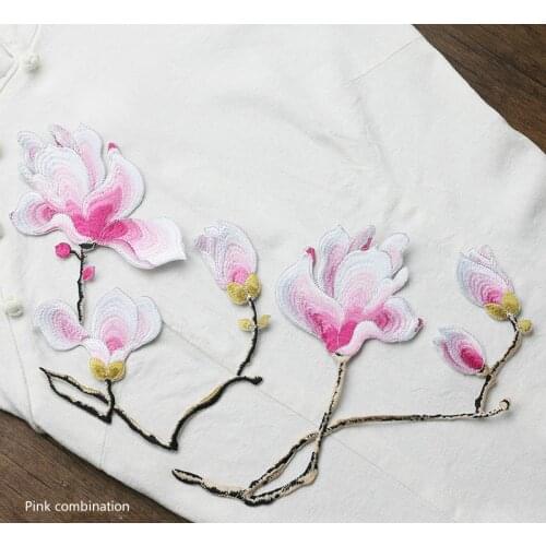 Chinese Magnolia Blooms Hot Stickers on Large Clothes Adhesive Embroidery DIY Ethnic Wind Clothes Bag Decorative Cloth Stickers