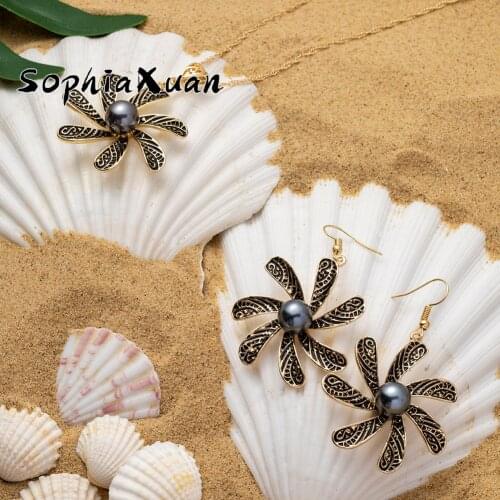 SophiaXuan Hibiscus Flowers Jewelry Sets Dangling Drop Earrings Pendant Necklaces Set Holiday Fashion Wholesale for Women Party