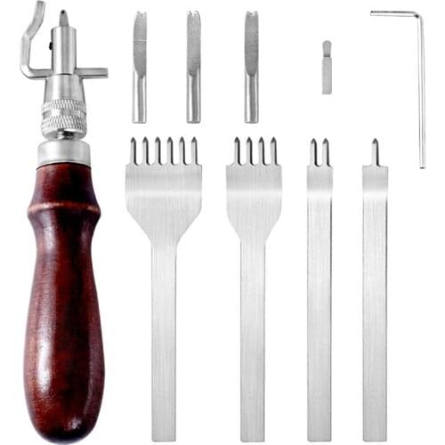LMDZ (7 in 1 Pro Adjustable) + 1/2/4/6 Prong Lacing Stitching Chisel Set Leather Groover ToolFor Leathercraft Work