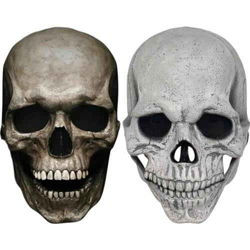 Halloween Full Head Skull Mask with Moving Jaw, Adult Realistic Latex Helmet, Scary Skeleton Headgear