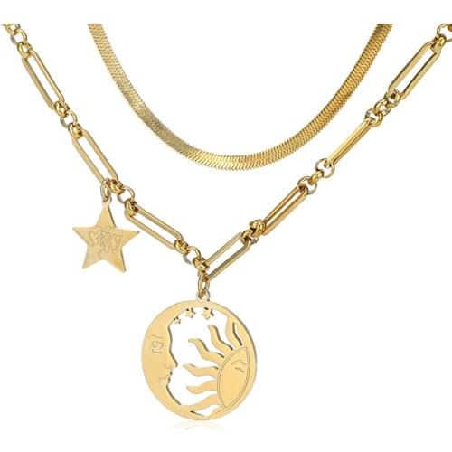 Statement Stars Moon Pendant Necklace 316L Stainless Steel Metal 14K Textured Chain Choker Necklace Bijoux Femme Jewelry Gifts