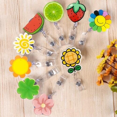 Fashion Fruits & Flowers Acrylic Retractable Badge Reel Nurse Doctor Student Exhibition ID Card Clips Badge Holder Stationery