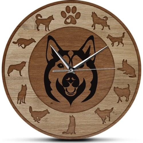 Siberian Husky Dog Wood Texture Acrylic Printed Wall Clock Husky Portrait Silent Wall Watch Puppy Dog Hanging Clock Timepieces