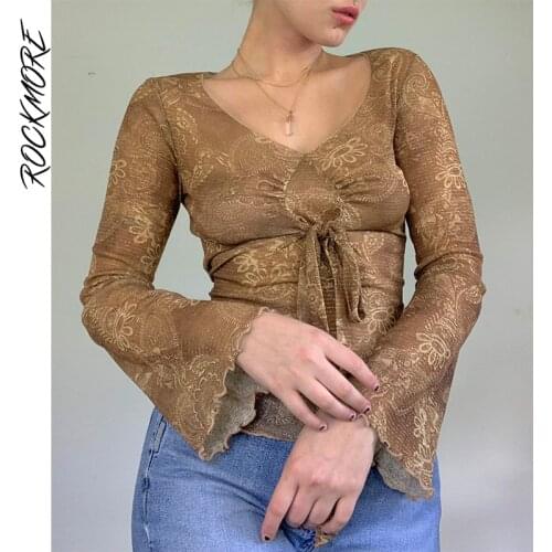 Rockmore Grunge Mesh Crop Tops Women y2k Vintage Flare Sleeve T-shirts Autumn Casual Tees Retro Aesthetic Print T Shirt Clothes