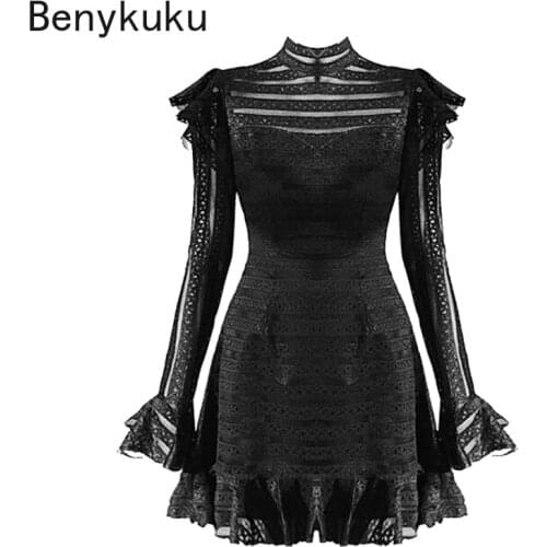 Romantic French Vintage Lace Black Dress Women Retro Ruffles Mesh Long Sleeve Sexy Annual Party Dresses Gothic Girls Mini Dress