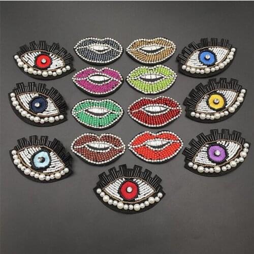 Mouth Eye Sew-On Patches Sewing Rhinestone Embroidered Pearl beaded Applique for Jacket Clothes Badge DIY Apparel Accessories