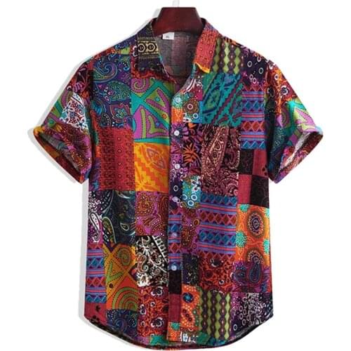Men Shirt Vintage Ethnic Print Turn Down Collar Short Sleeve Loose Colorful Hawaiian Casual Shirt Streetwear Chemise Camisas
