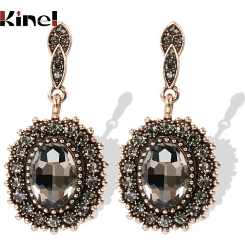 Kinel Boho Full Gray Crystal Flower Drop Earring For Women Antique Gold Color Ethnic Wedding Jewelry Bridal Gift Drop Shipping