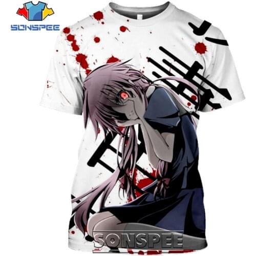 SONSPEE Anime Future Dairy Mirai Nikki Mens T Shirt Casual Harajuku Short Sleeve 3D Print Horror Cartoon Mens Tees Tops Shirt