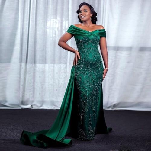 Dark Green Mermaid Evening Dresses Off the Shoulder Lace Beaded Satin Formal Wear Plus Size Long Prom Gowns