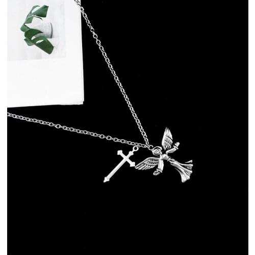 Trendy angel cross long necklace for women stainless steel pendant necklaces hip hop jewelry drop shipping