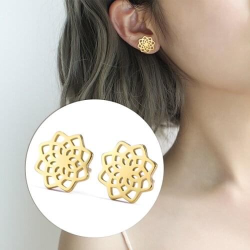 Unift Rose Lotus Tree Stud Earrings Stainless Steel Fashion Womens Accessories Gold Black Steel Mini Stud Earrings