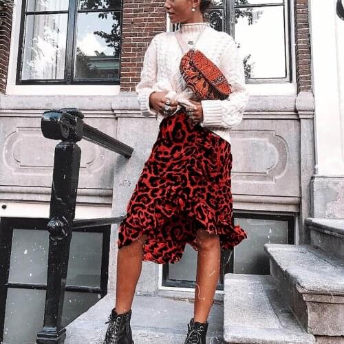 Womail Skirt Vintage Leopard Print Long Skirts Autumn Midi Skirt High Waist Asymmetrical Ruffle Skirt Winter Irregular Casual 86