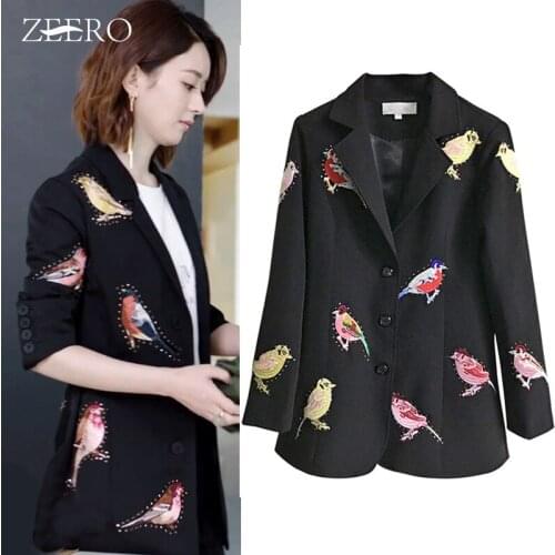 New 2019 Autumn Winter Luxury Bird Embroidery Jacket Coat Women Black Runway Long Sleeve Casual Overcoat Slim Office OL Jacket