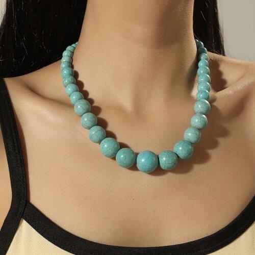 Women Natural Stone India Onyx Crystal Turquoises Round Beads Necklace Alloy Magnetic Buckle Choker Clavicle Chain Party Jewelry