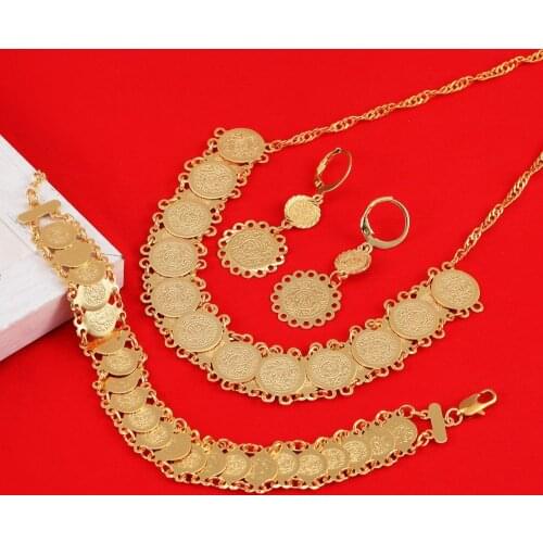 New Coin Set Jewelry Womens Fashion Coin Style Necklace Chain Earrings Bracelet Jewelry Set